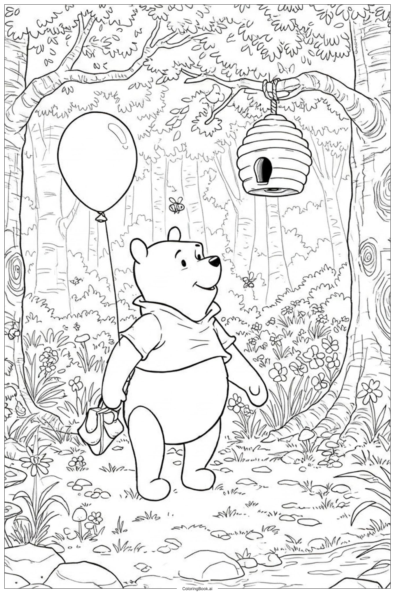 くまのプーさんが百エーカーの森を探検する 塗り絵ページ（無料
