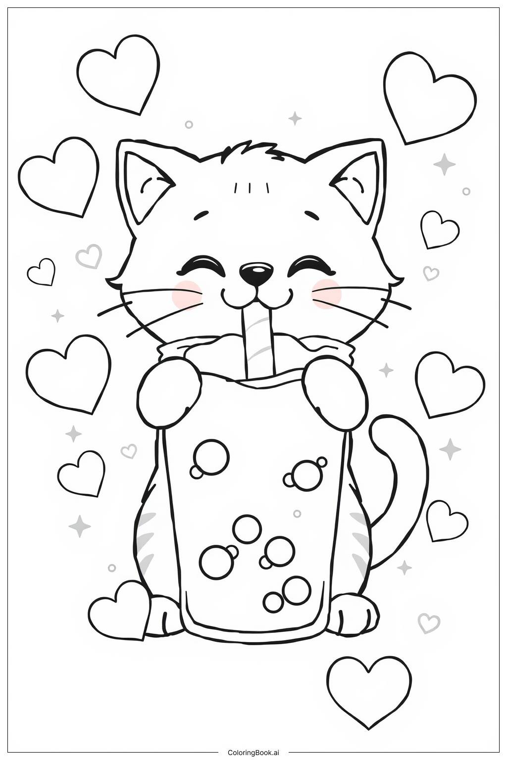  Cat Drinking Boba Tea Coloring Page 