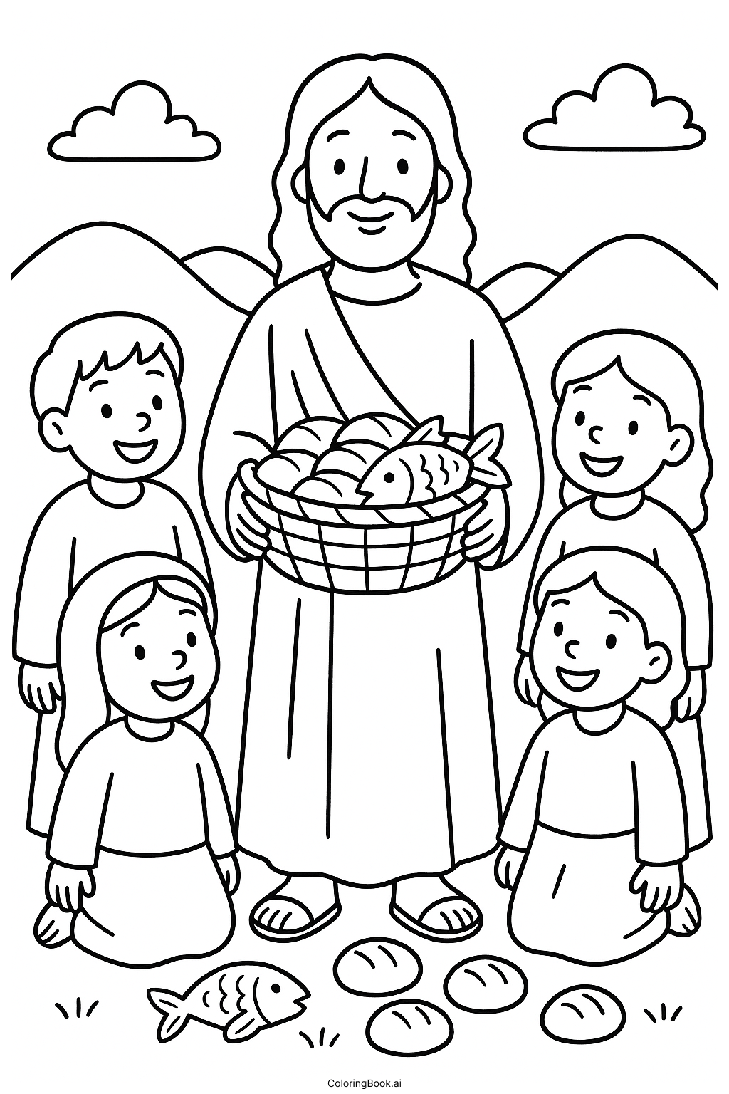  Página para colorear de Jesús y los panes y peces milagrosos 