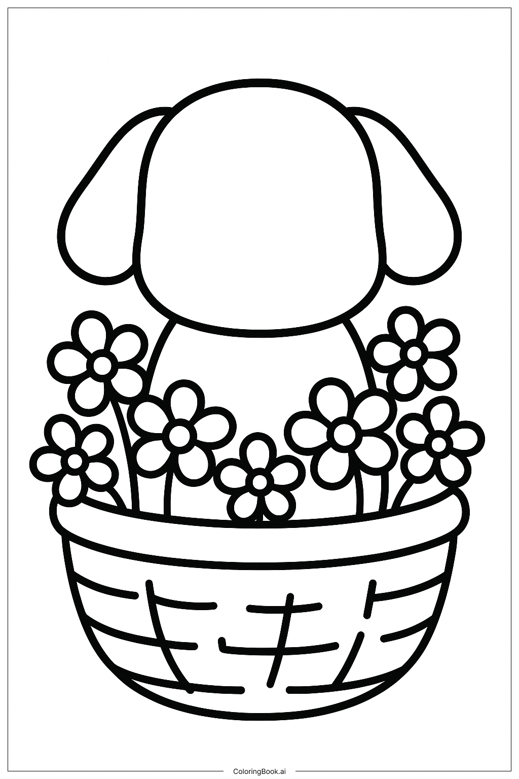  花のバスケットに座っている子犬の塗り絵ページ 