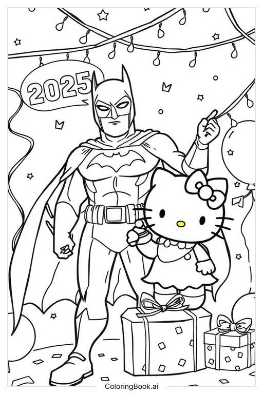  hello kitty and batman 2025 happy new year Coloring Page 