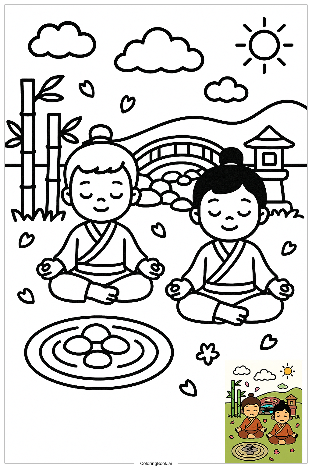  Zen 정원에서 명상하는 친구들 색칠공부 페이지 