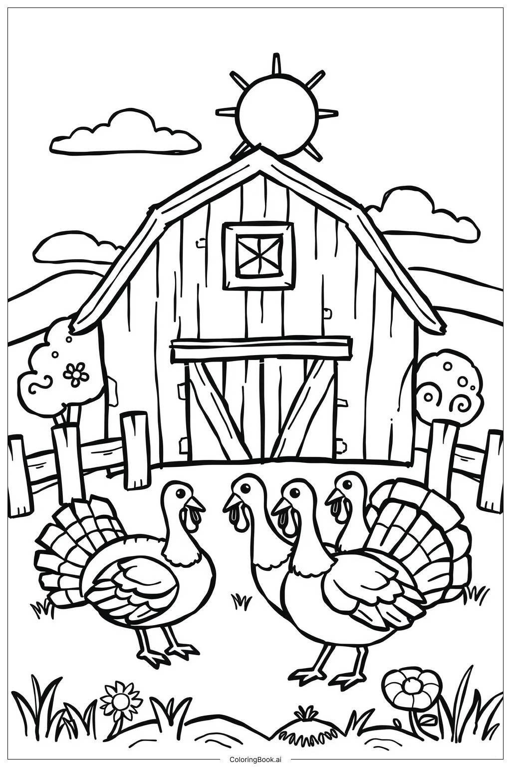  Turkey Farm Scene Coloring Page 