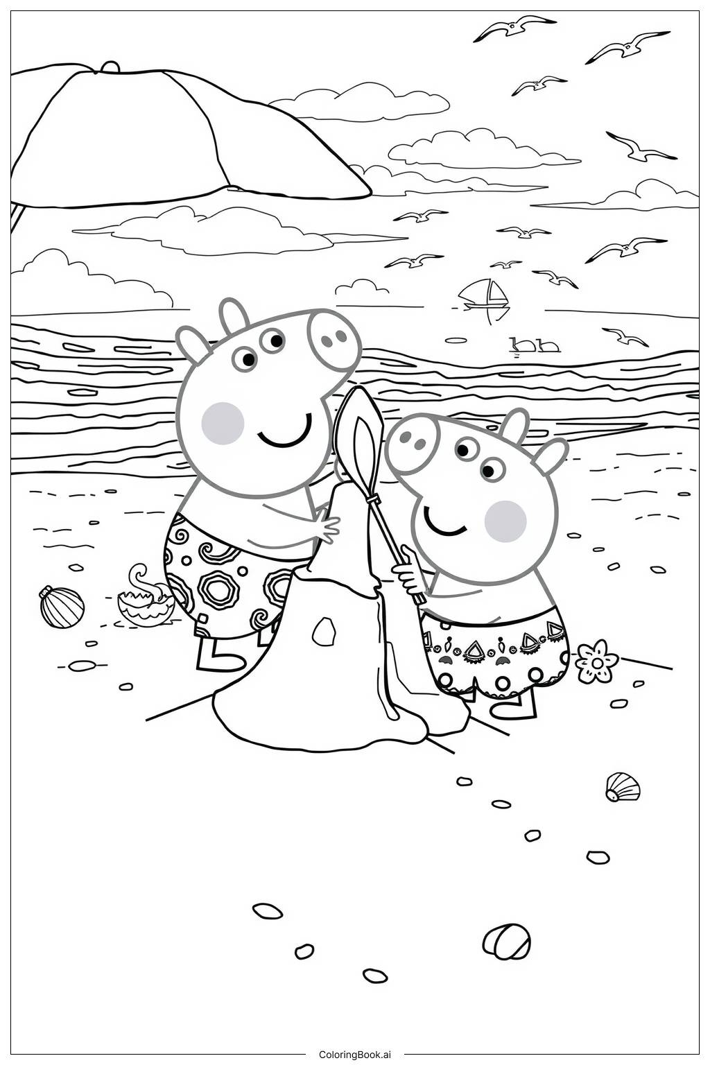  Página para colorear de Peppa Pig visitando la playa con George 