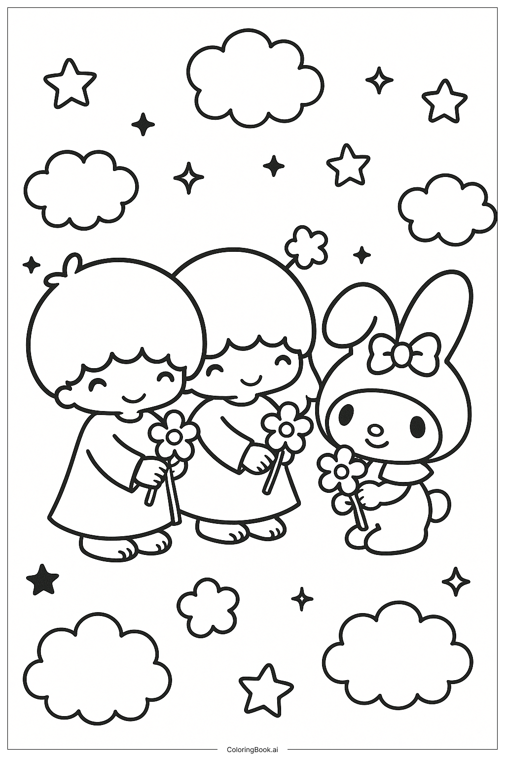 Little Twin Stars And My Melody Sharing Flowers Coloring Page 