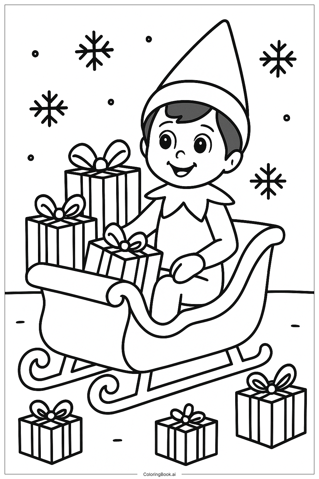  Página para colorir de Duende na Prateleira em um Trenó Cheio de Presentes 