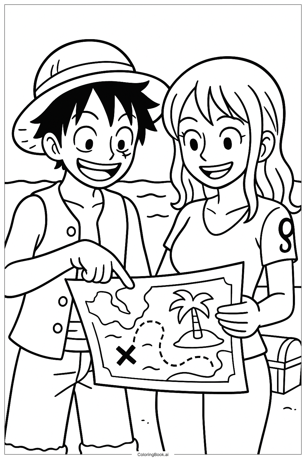  ルフィとナミと地図の塗り絵ページ 