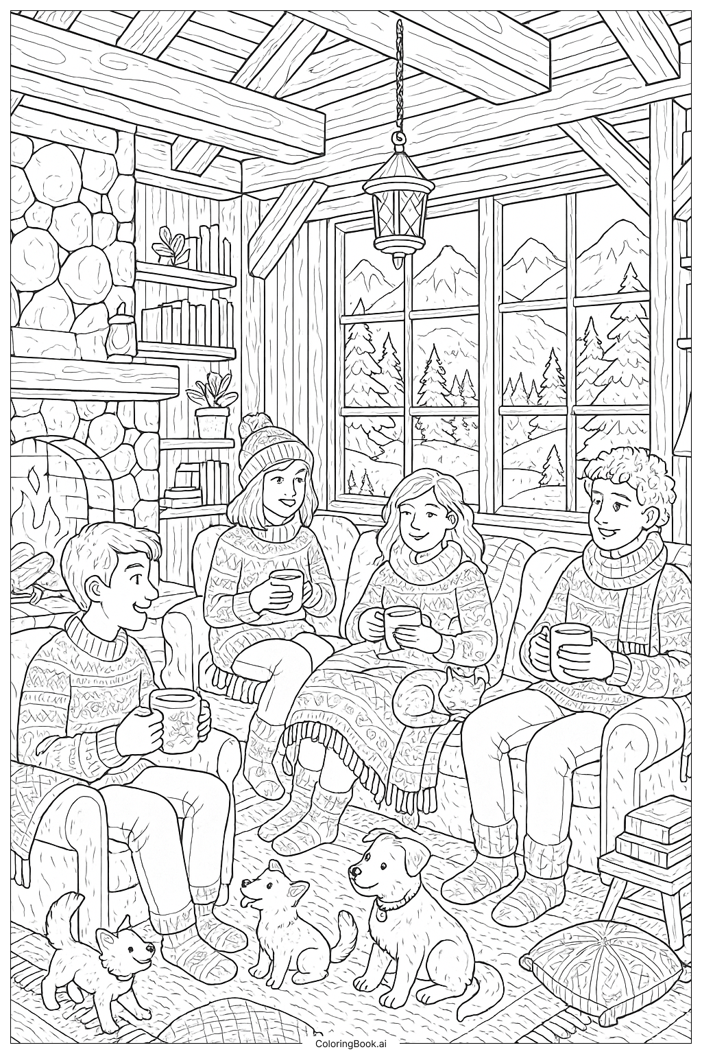 Cozy Friends In A Mountain Cabin Coloring Page