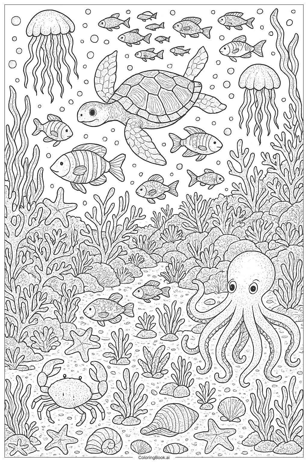  A Bustling Ocean Ecosystem with Many Creatures Coloring Page 