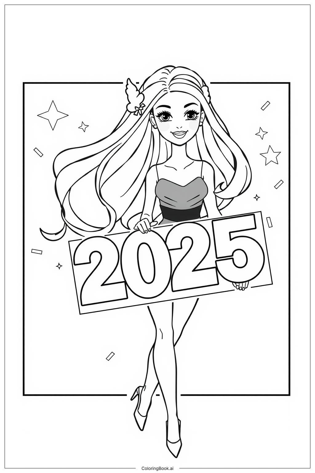  Barbie mit einem 2025 Neujahrs-Schild Ausmalseite 