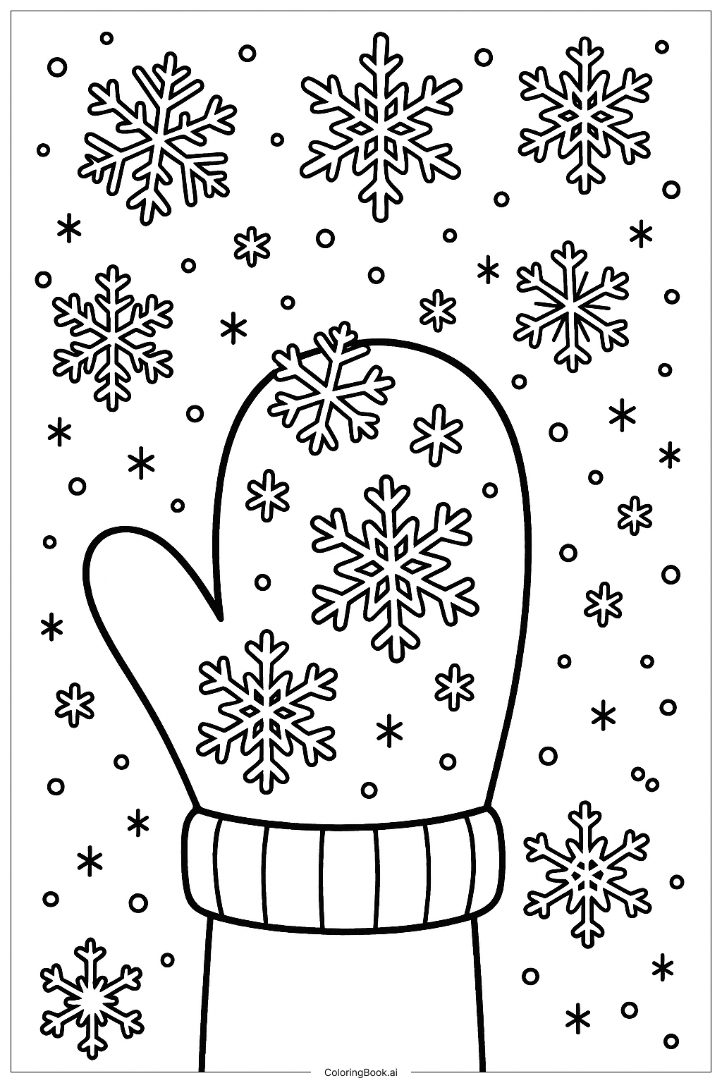 Mitten Catching Many Snowflakes Coloring Page