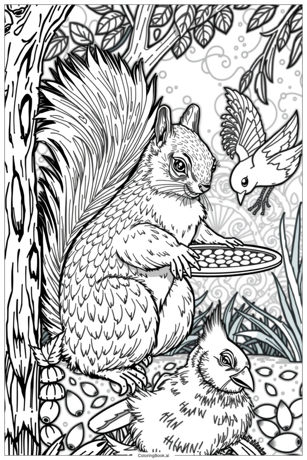  Squirrel and Friends at the Bird Feeder Coloring Page 