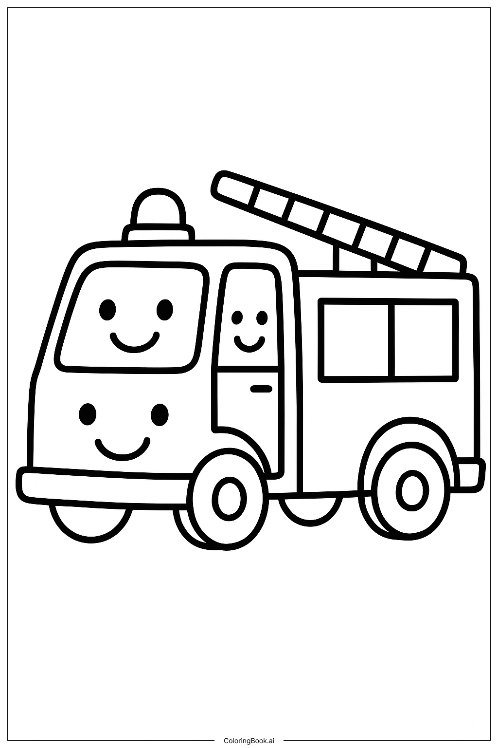  Page de coloriage Camion de pompiers avec des visages joyeux 