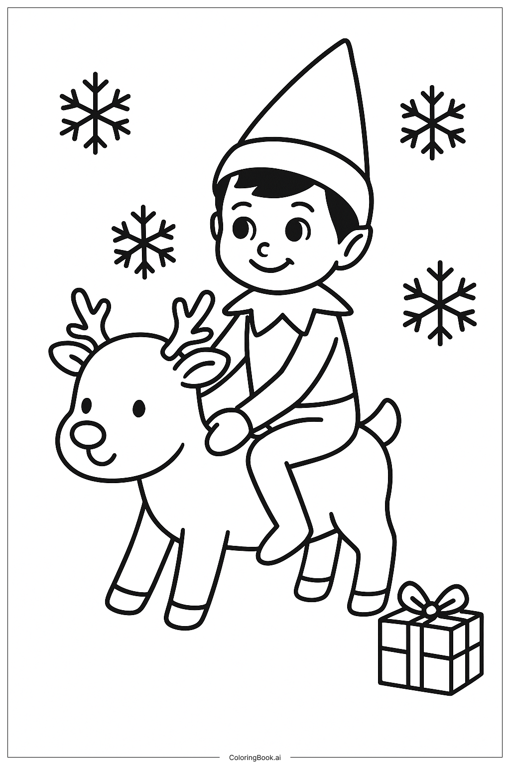  Página para colorir de Duende na Prateleira Montando uma Rena de Brinquedo 