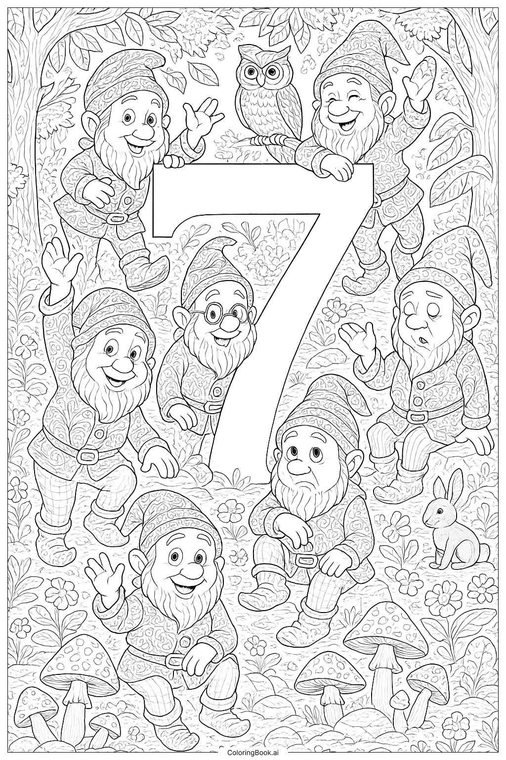  七个小矮人和数字七填色页 