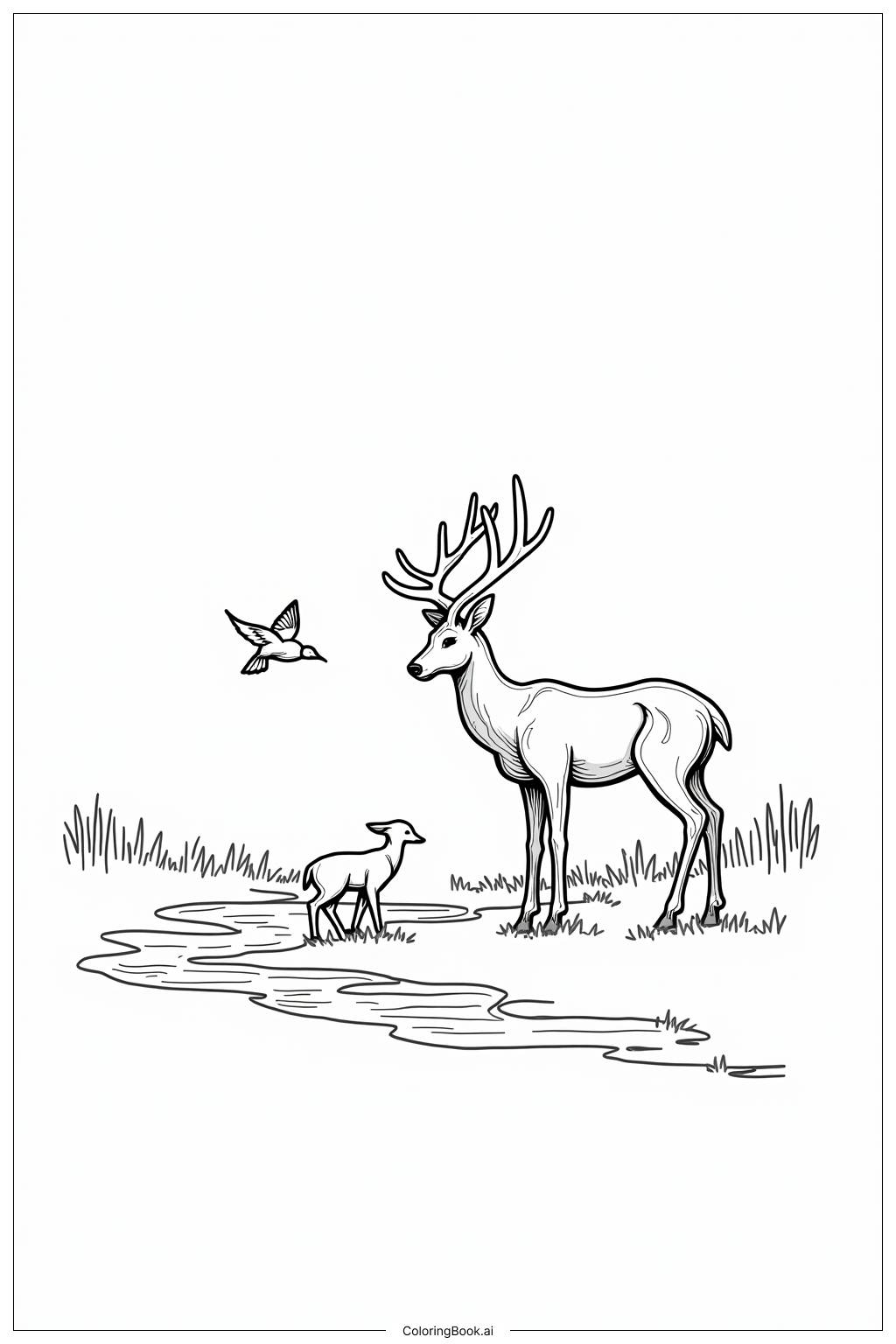  Page de coloriage Un cerf interagissant avec des oiseaux près d'un ruisseau 