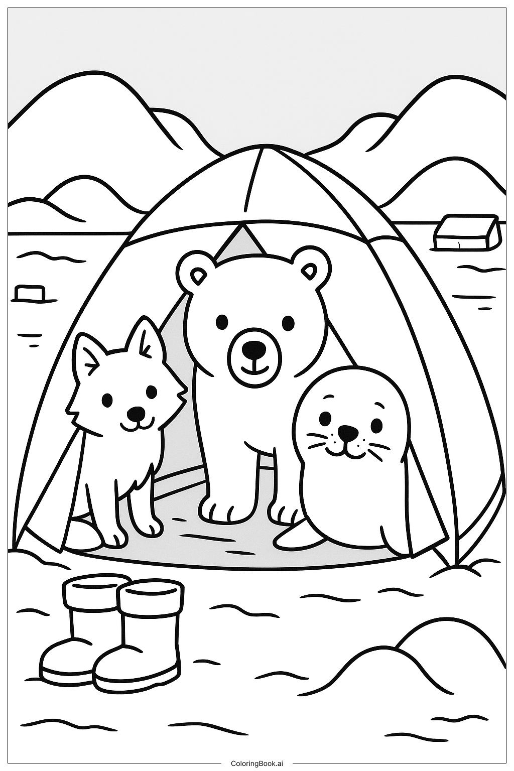 北極動物探頭看探險家的帳篷著色頁