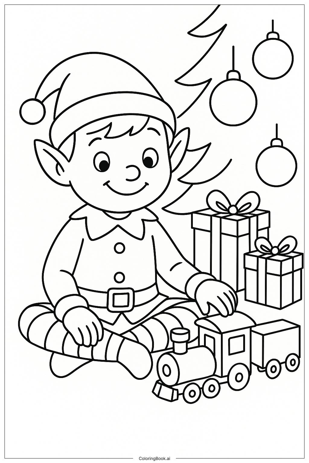  Christmas Elf Playing with Train填色页 