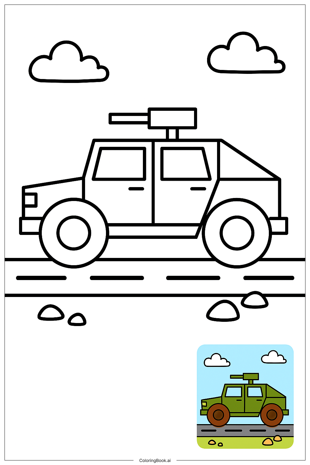 軍隊悍馬車行駛在道路上著色頁