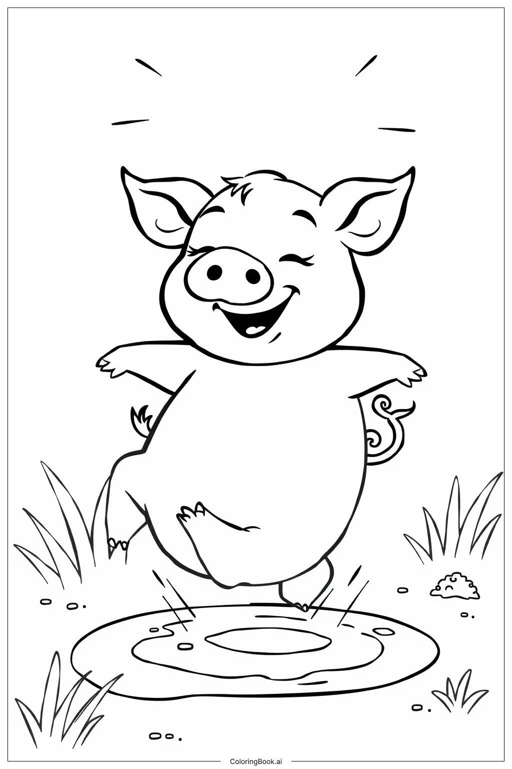  Page de coloriage Joli cochon jouant dans des flaques de boue 