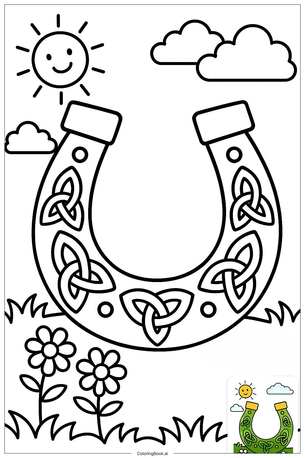  ケルトの結び目デザインの蹄鉄の塗り絵ページ 