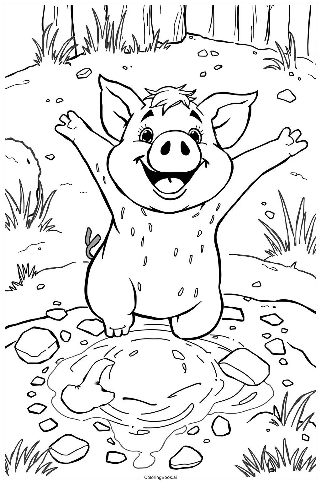  Cute Pig Playing in Muddy Puddles-2 Coloring Page 