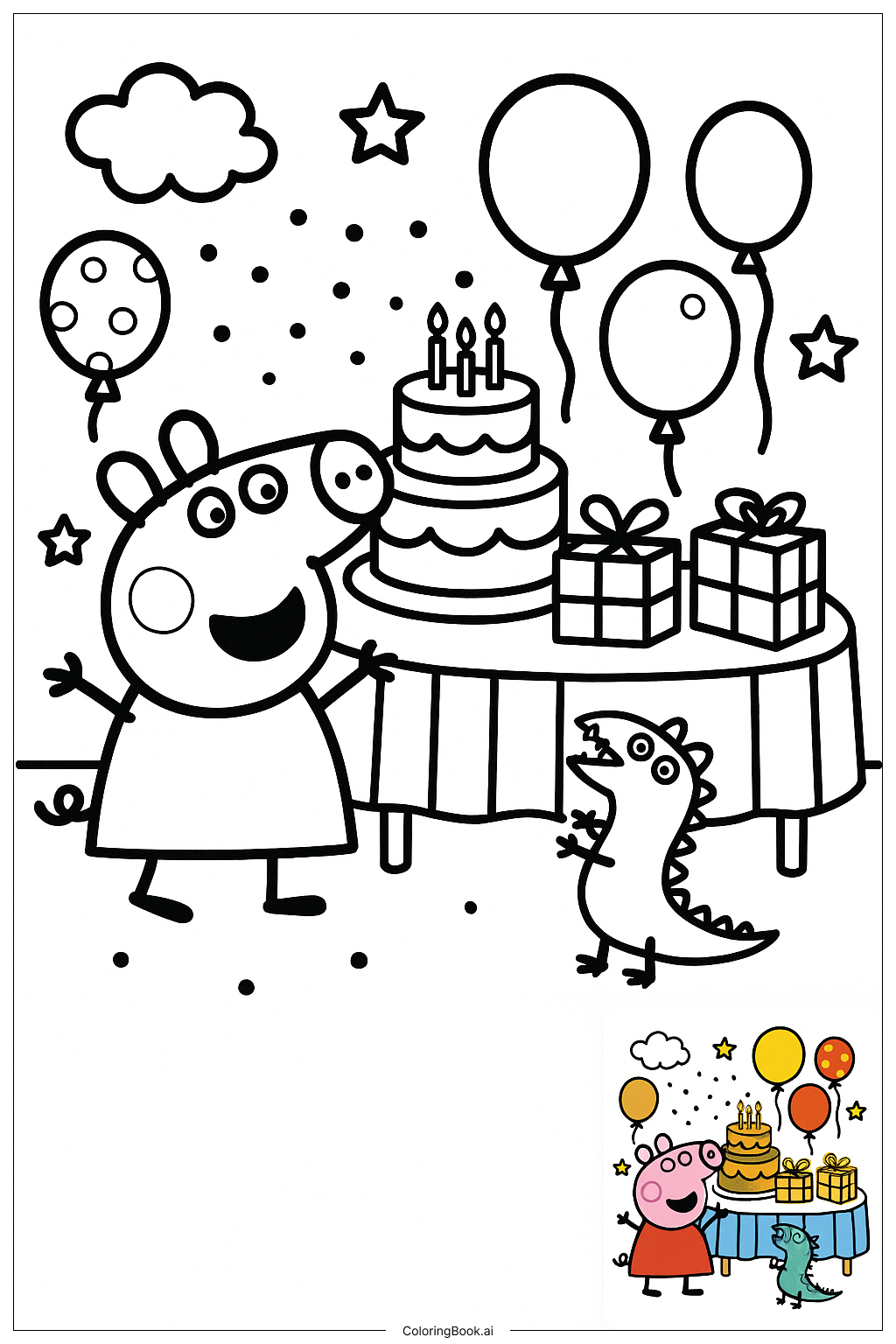  Página para colorear de Peppa Pig en una Fiesta de Cumpleaños 