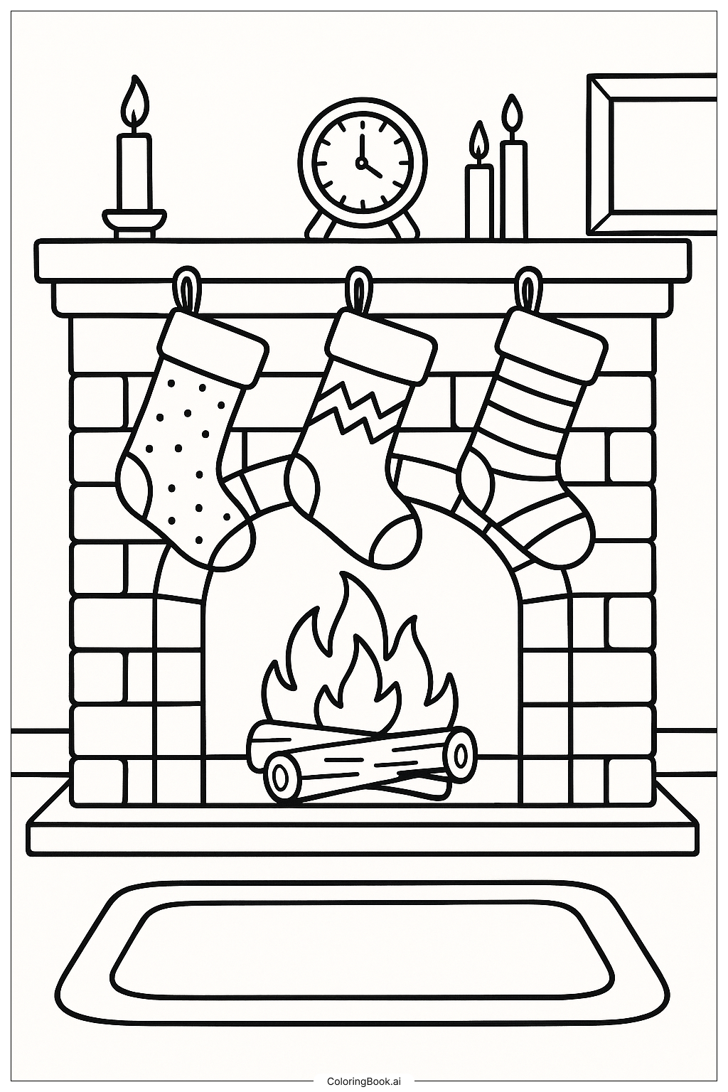  Cozy Fireplace Stocking Scene填色页 