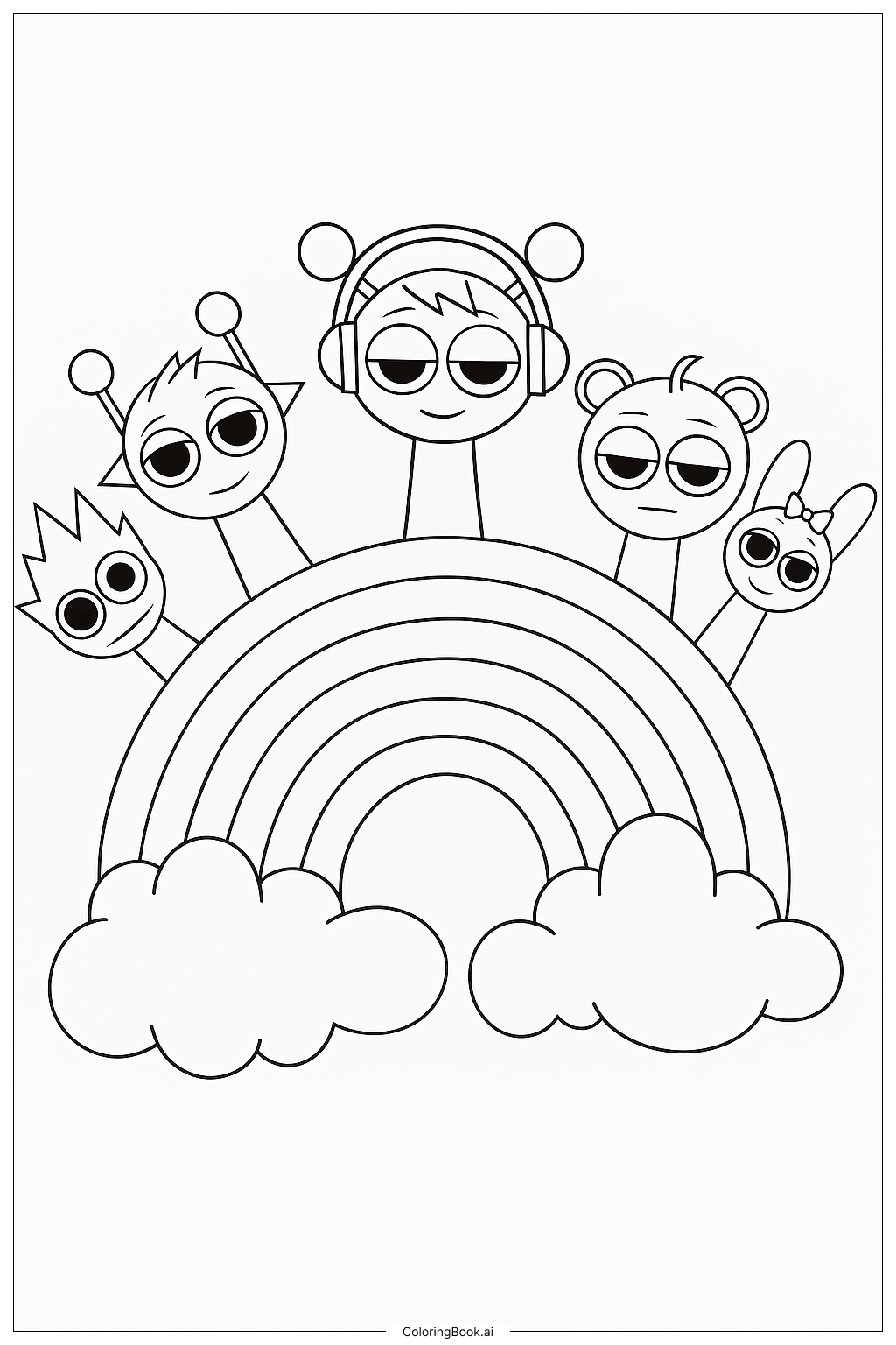  Sprunki Characters on a Rainbow Coloring Page 