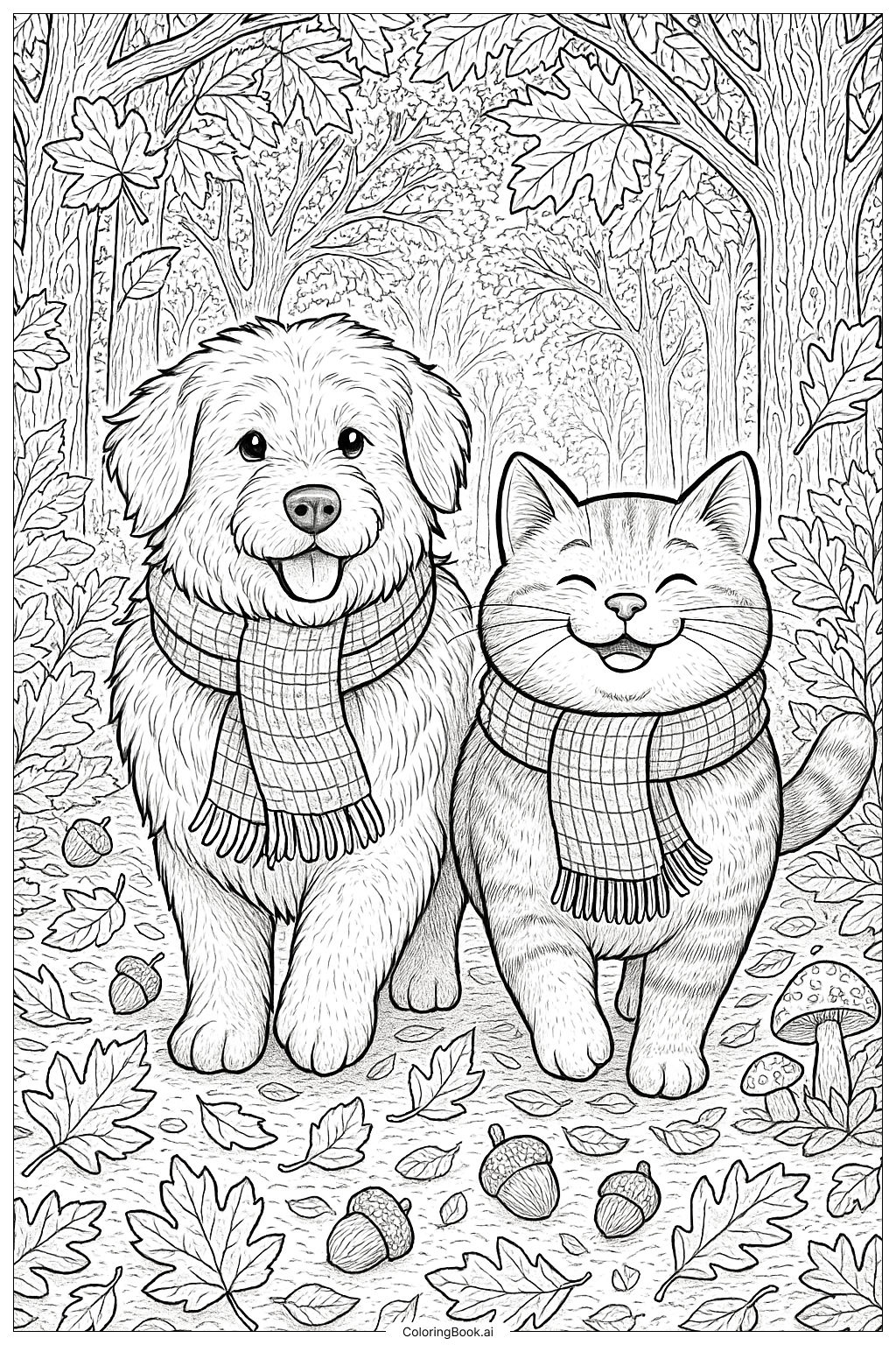 Cozy Friends On An Autumn Walk Coloring Page