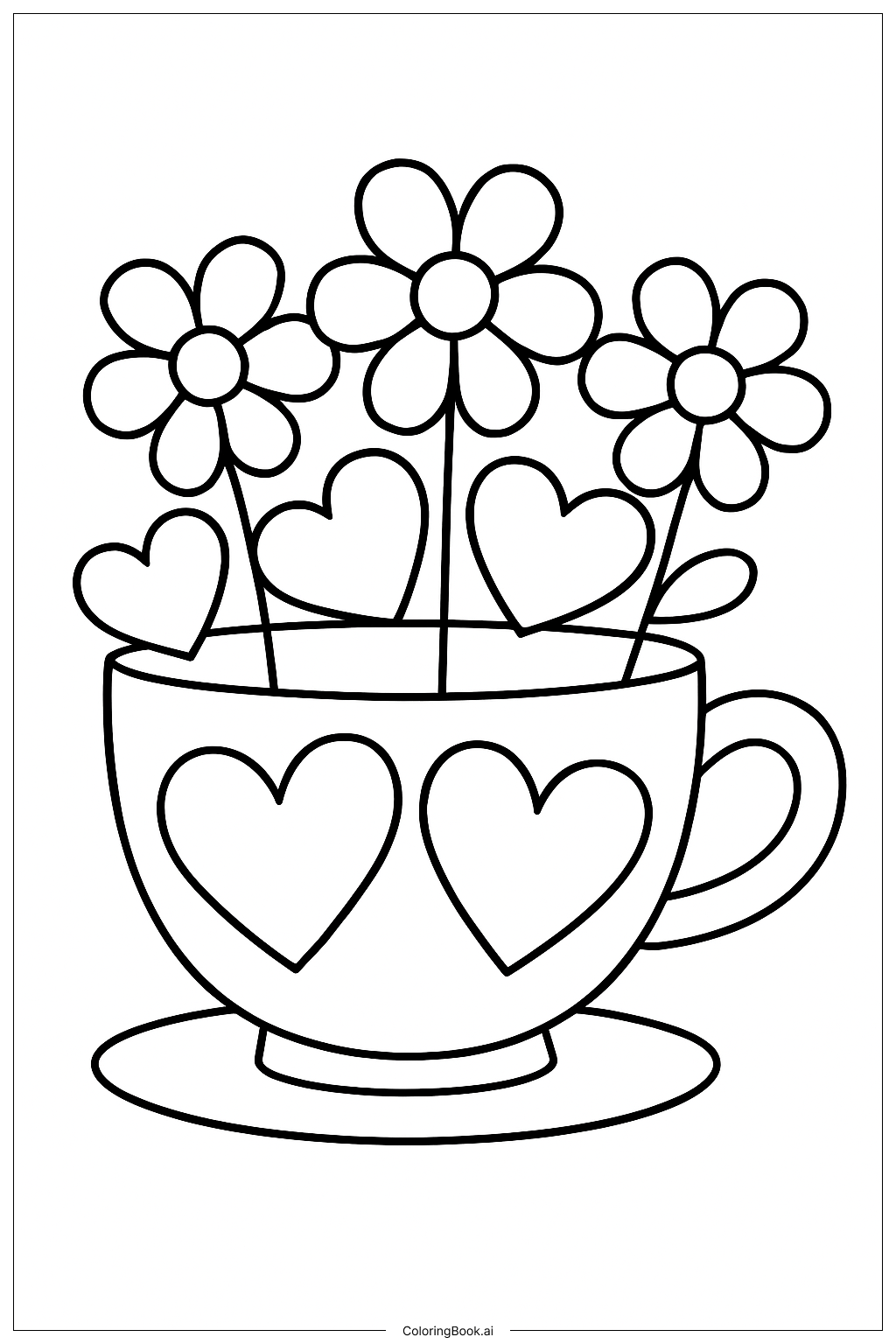  A Teacup Full Of Hearts and Flowers Coloring Page 