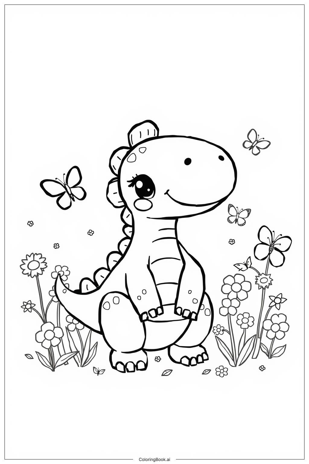  Página para colorir de Jardim de Dinossauros Kawaii 