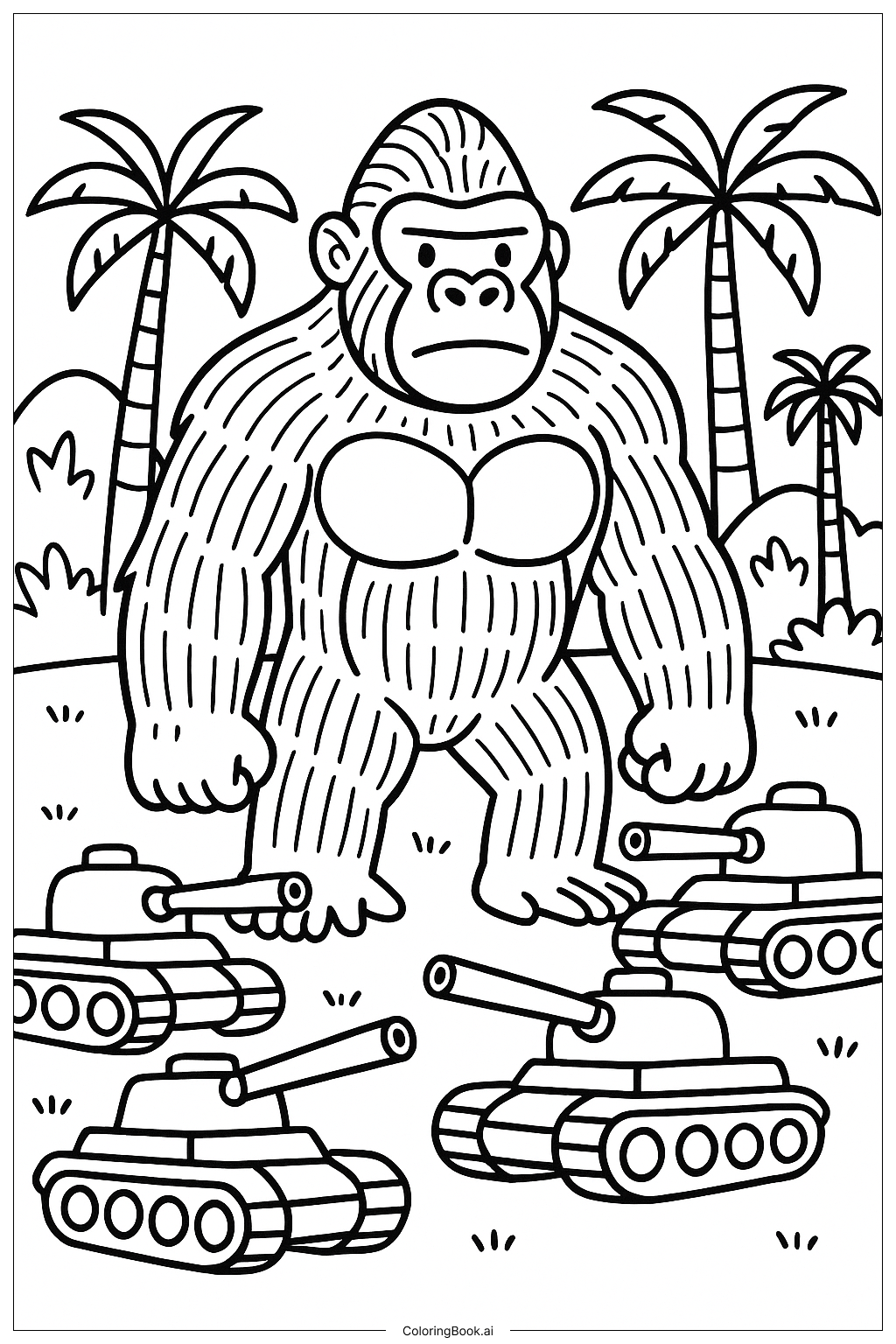  King Kong Surrounded by Military Tanks Coloring Page 
