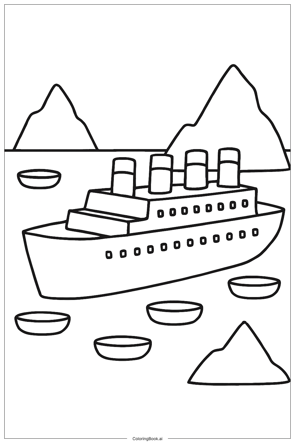 Titanic With Lifeboats And Icebergs