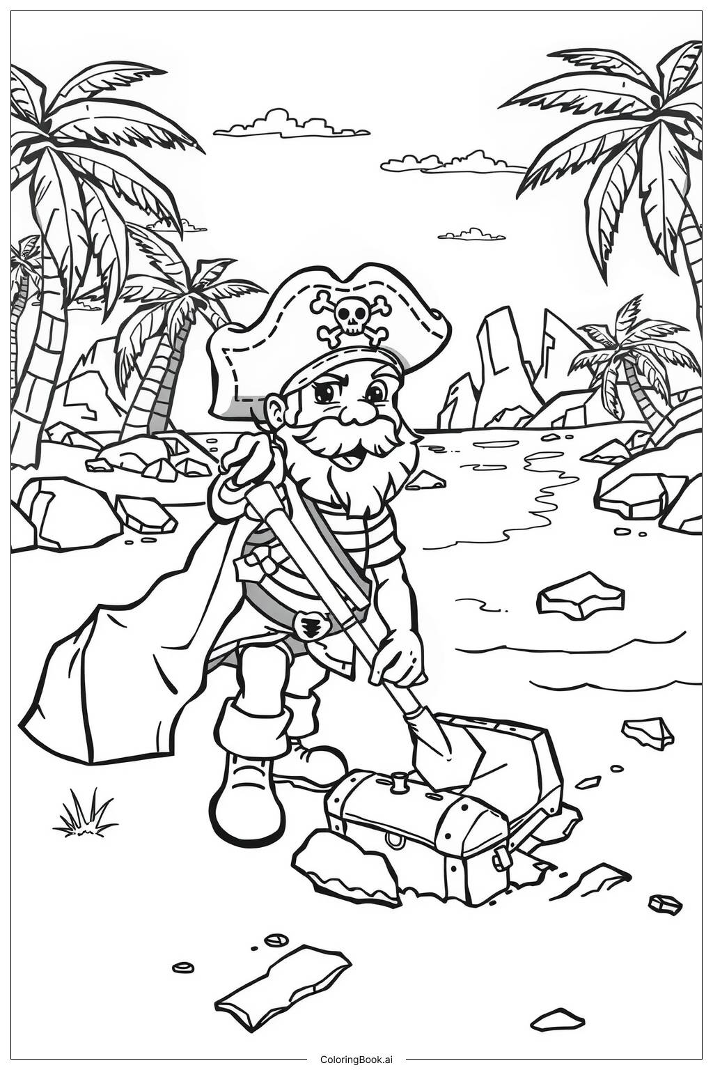  Pirate Burying Treasure on an Island-2 Coloring Page 