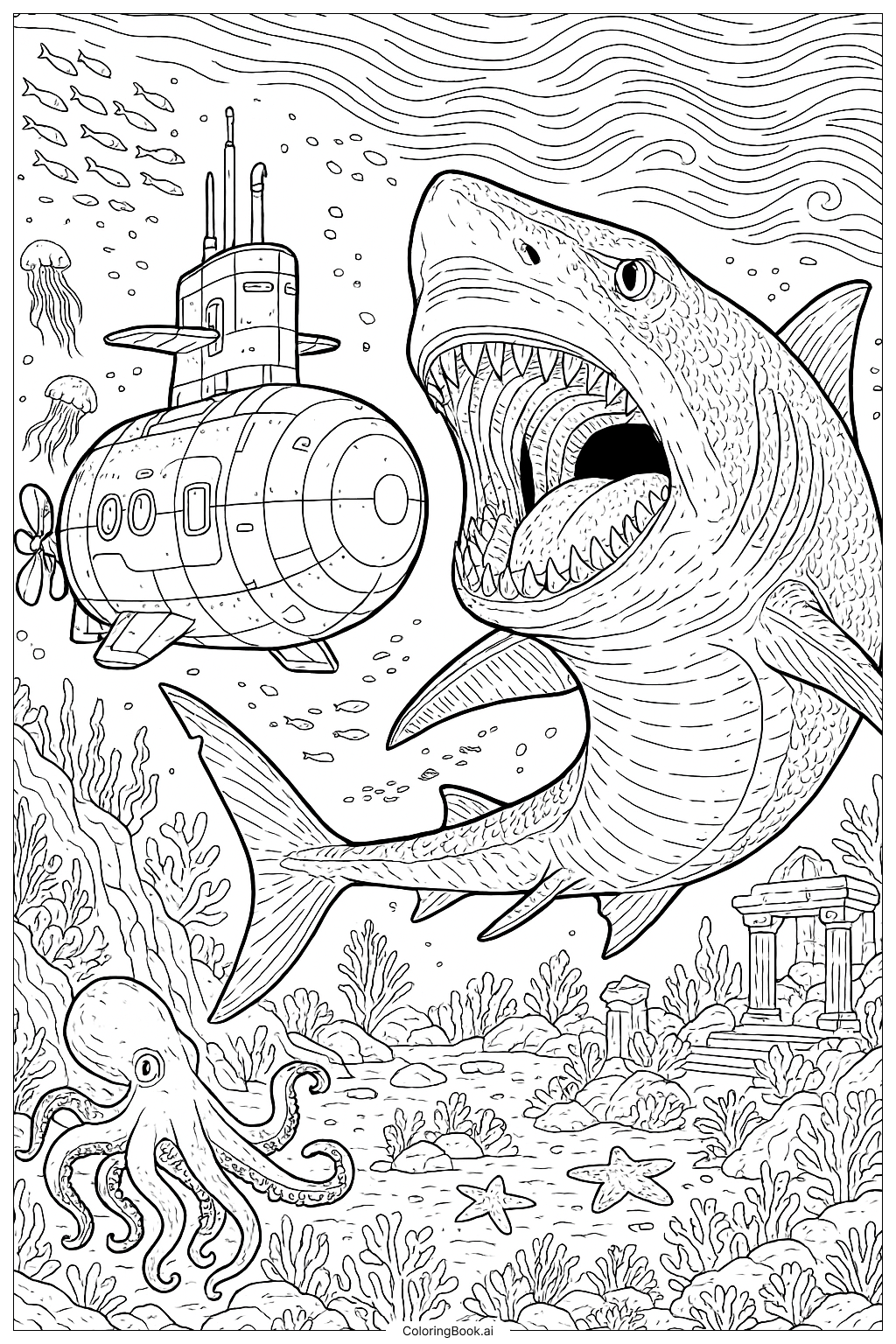  Ein U-Boot trifft auf einen Megalodon Ausmalseite 