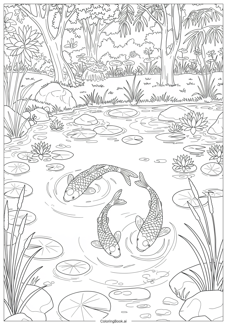 A Peaceful Mindfulness Koi Pond In Nature著色頁 