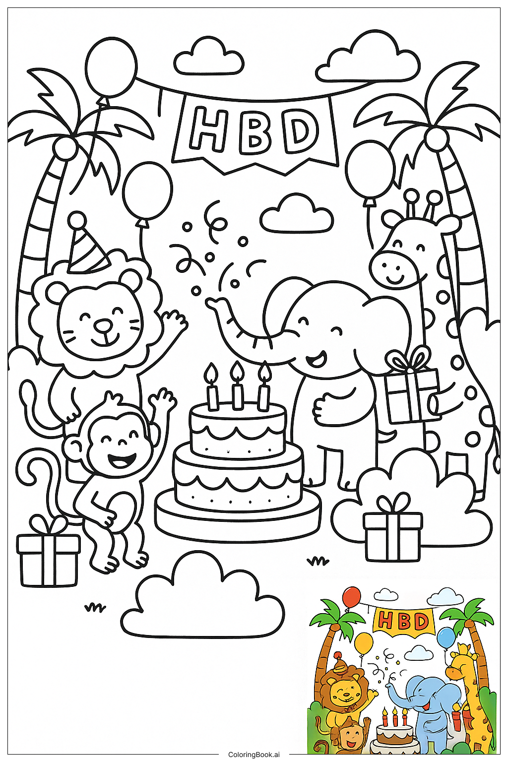  Happy Birthday Jungle Animal Friends Coloring Page 