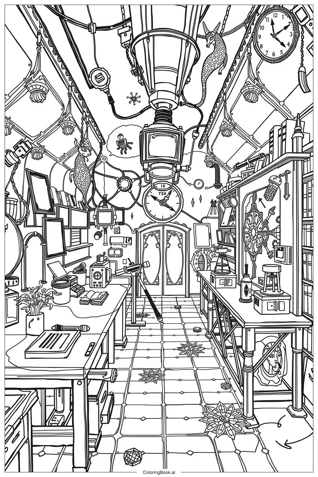  Page de coloriage laboratoire magique de sorcière 