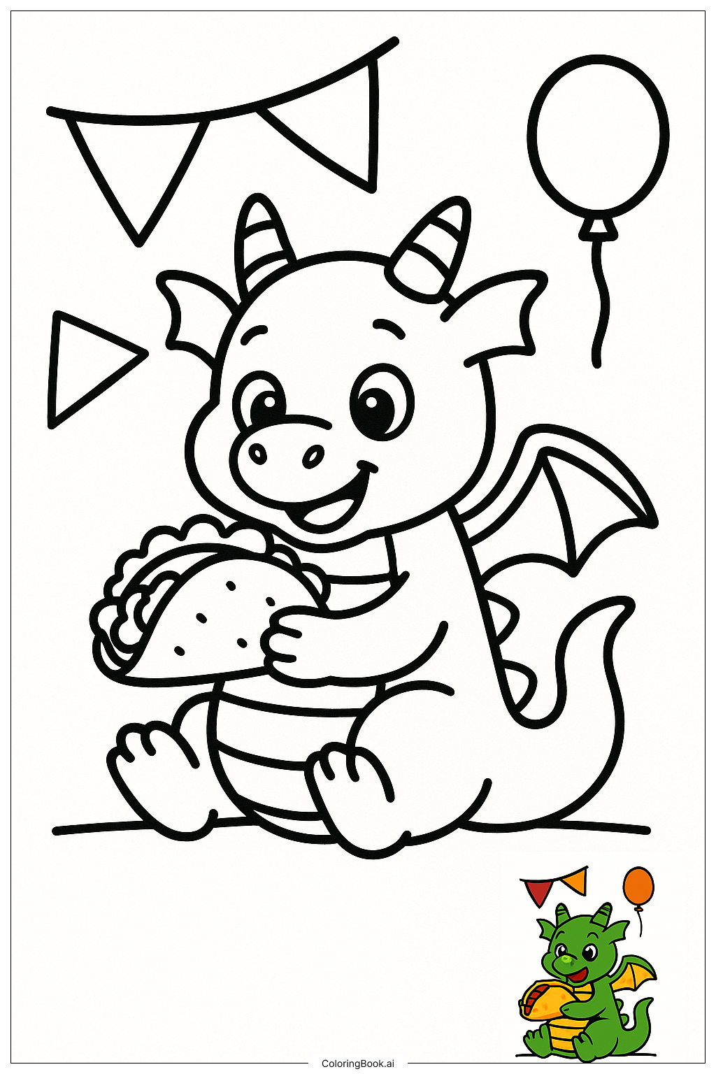  ドラゴンのタコスフィエスタシーンの塗り絵ページ 