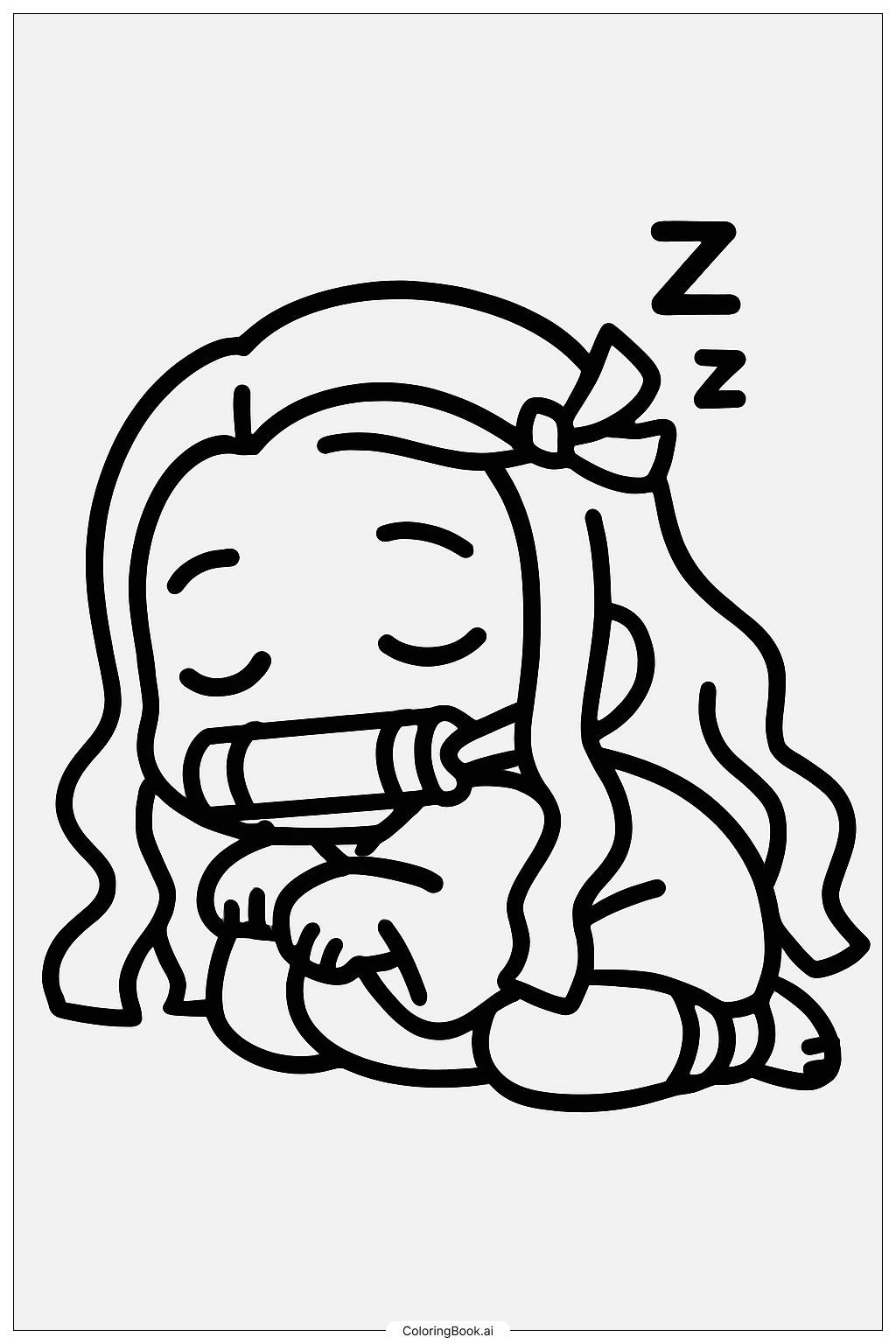 Página para colorear de Chibi Nezuko durmiendo plácidamente 