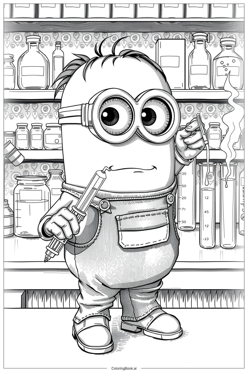  minion working in a lab with test tubes Coloring Page 