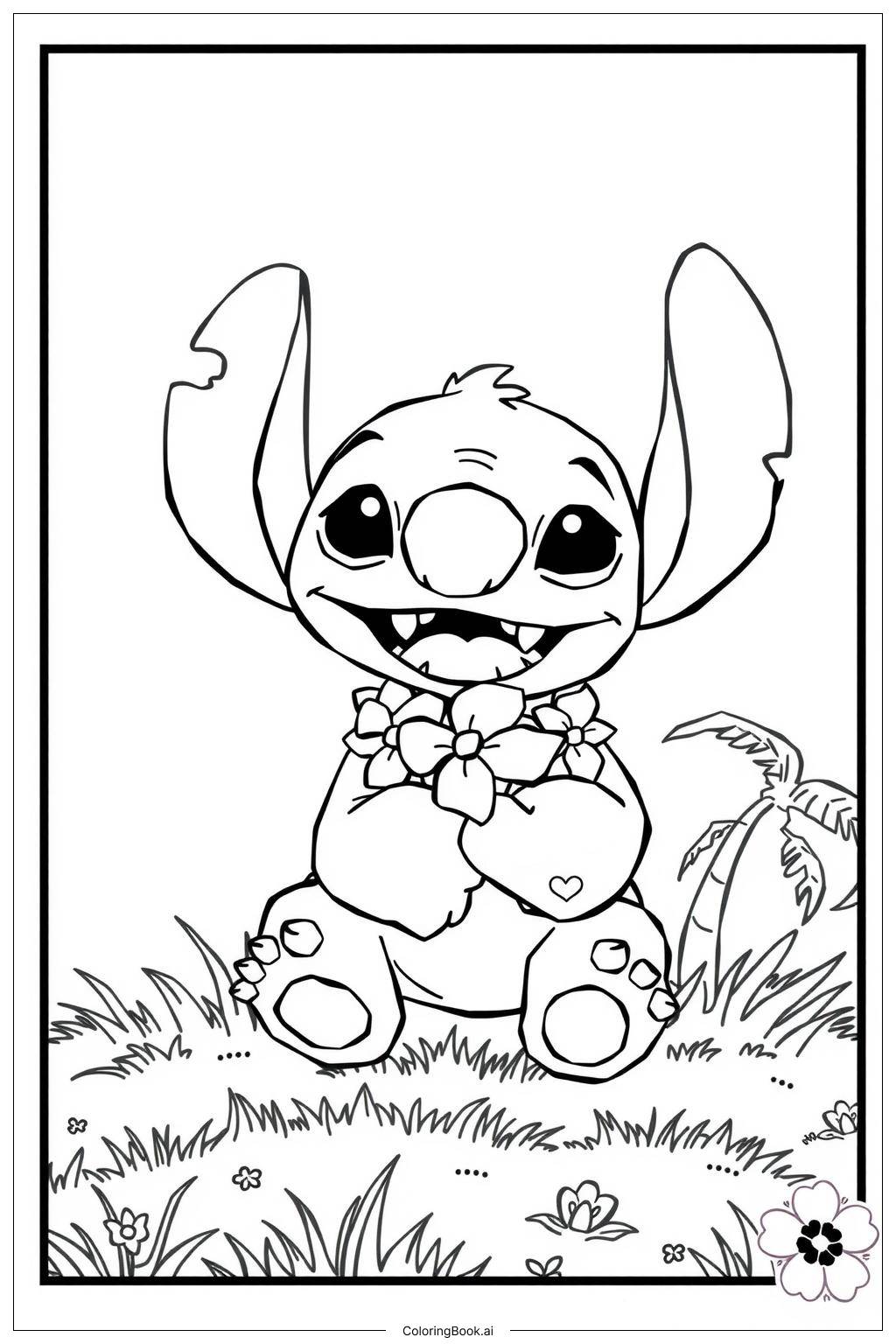  Página para colorir de Stitch Adorável e Fofo na Cena Ohana 