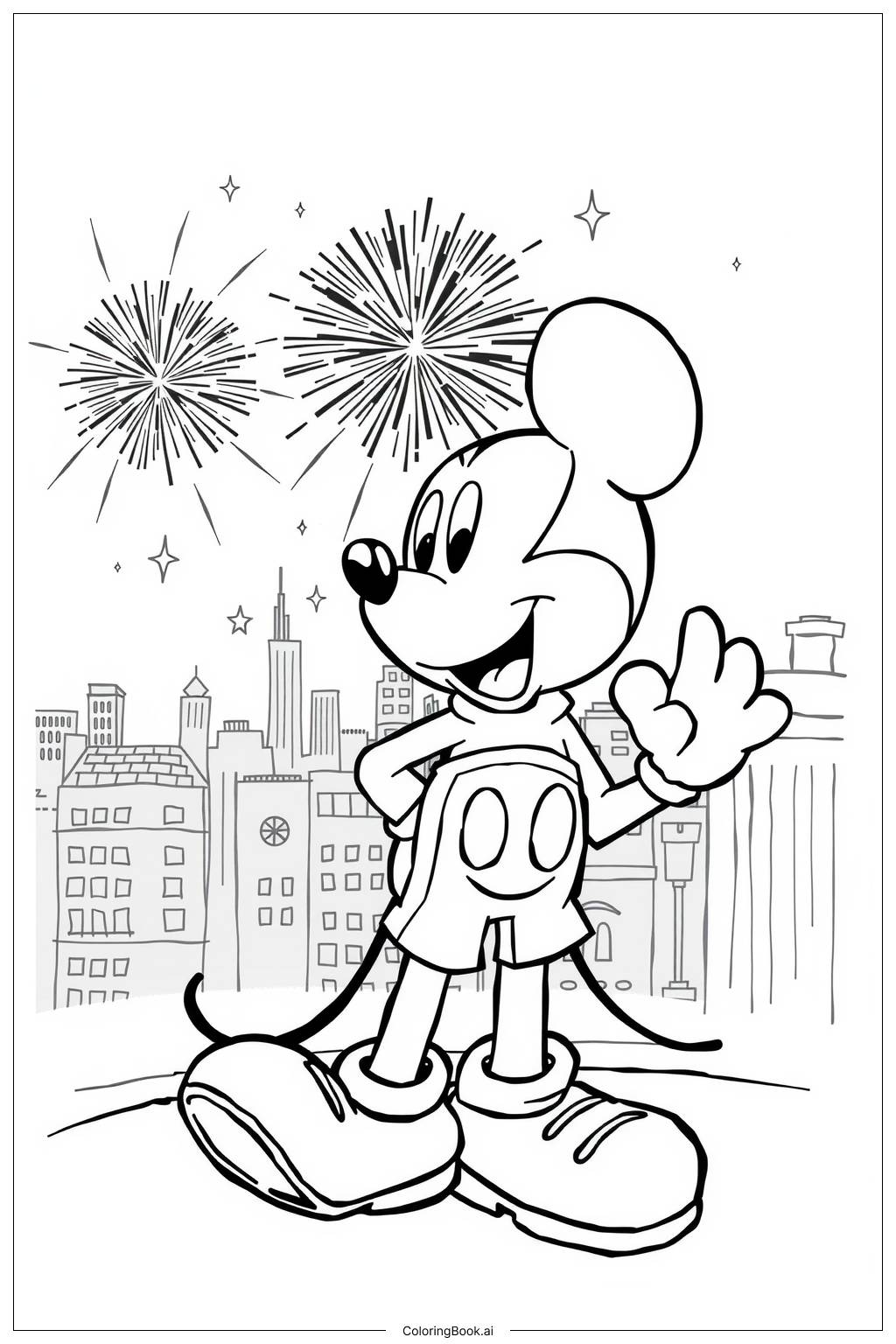  Fireworks Over a City with Mickey Mouse-2 Coloring Page 