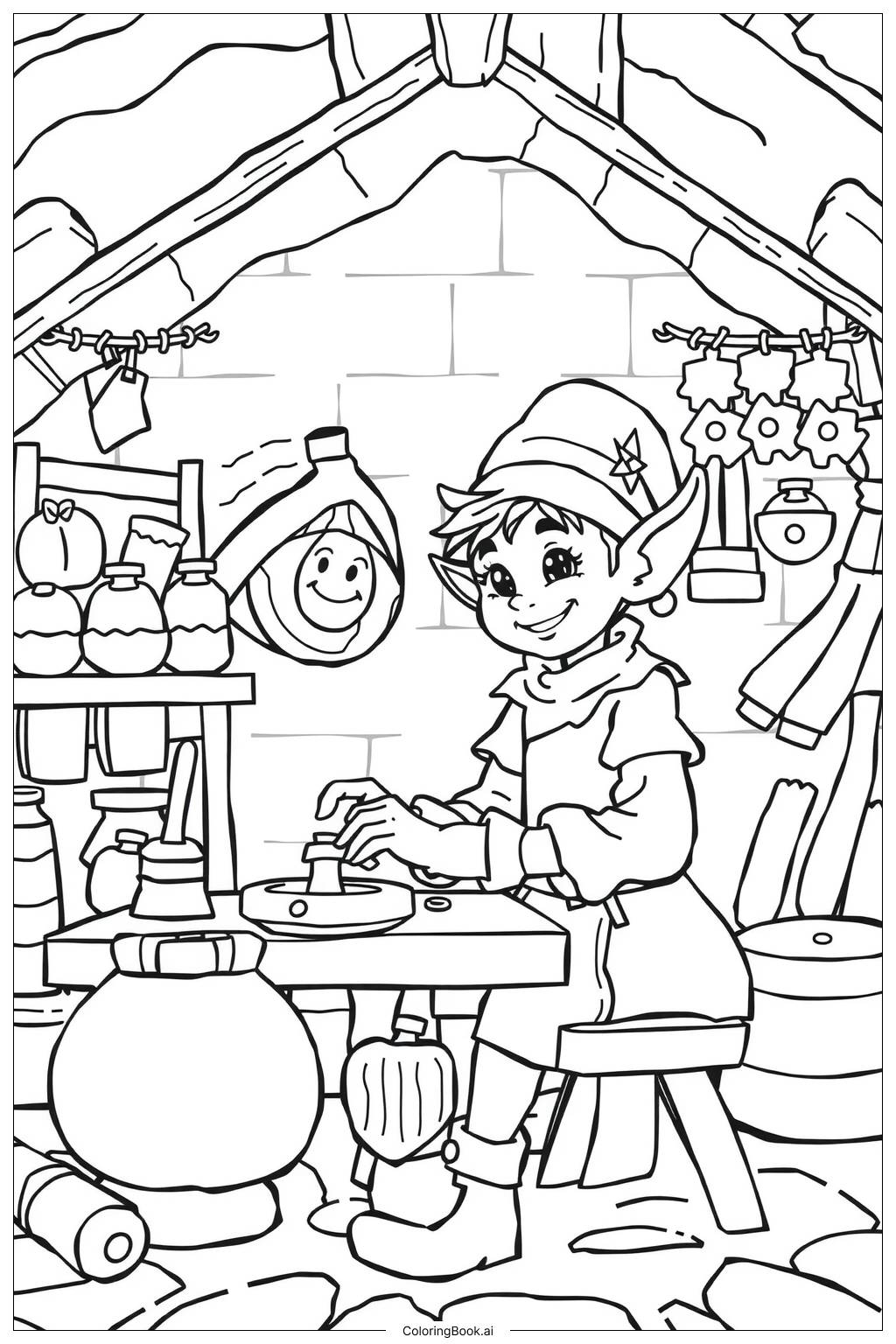  Page de coloriage scène animée de l'atelier du père Noël 