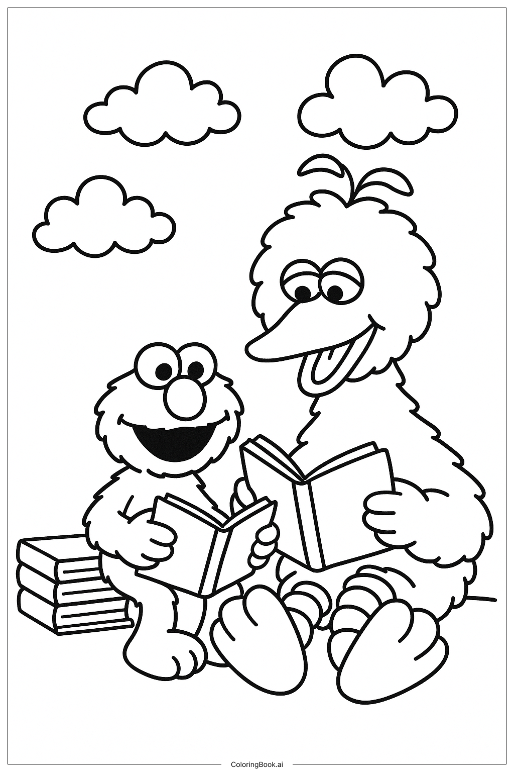  Elmo und Big Bird beim Lesen von Büchern Ausmalseite 