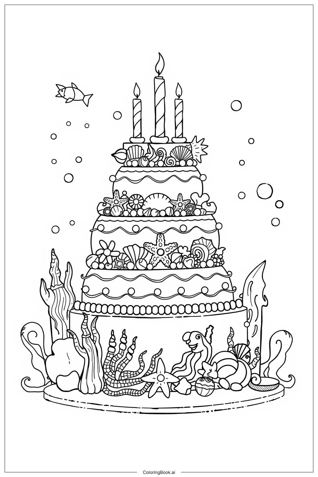  Page de coloriage Gâteau d'anniversaire de sirène-2 