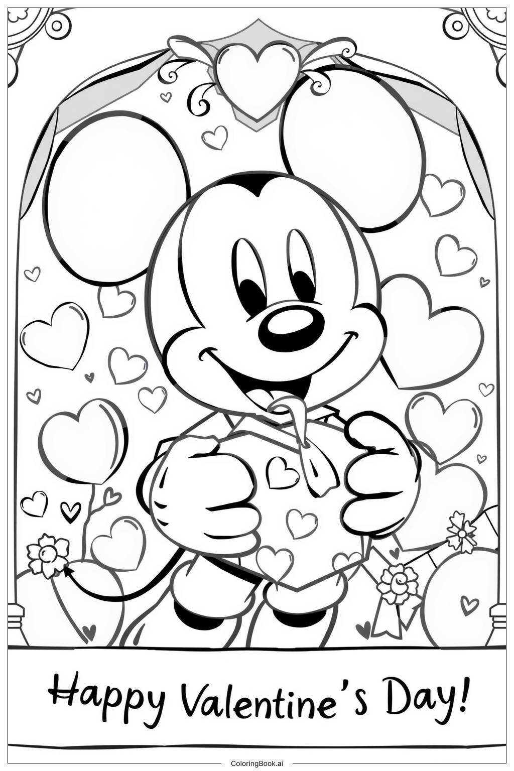  Página para colorear de Regalo de San Valentín de Mickey Mouse '¡Feliz Día de San Valentín!' 