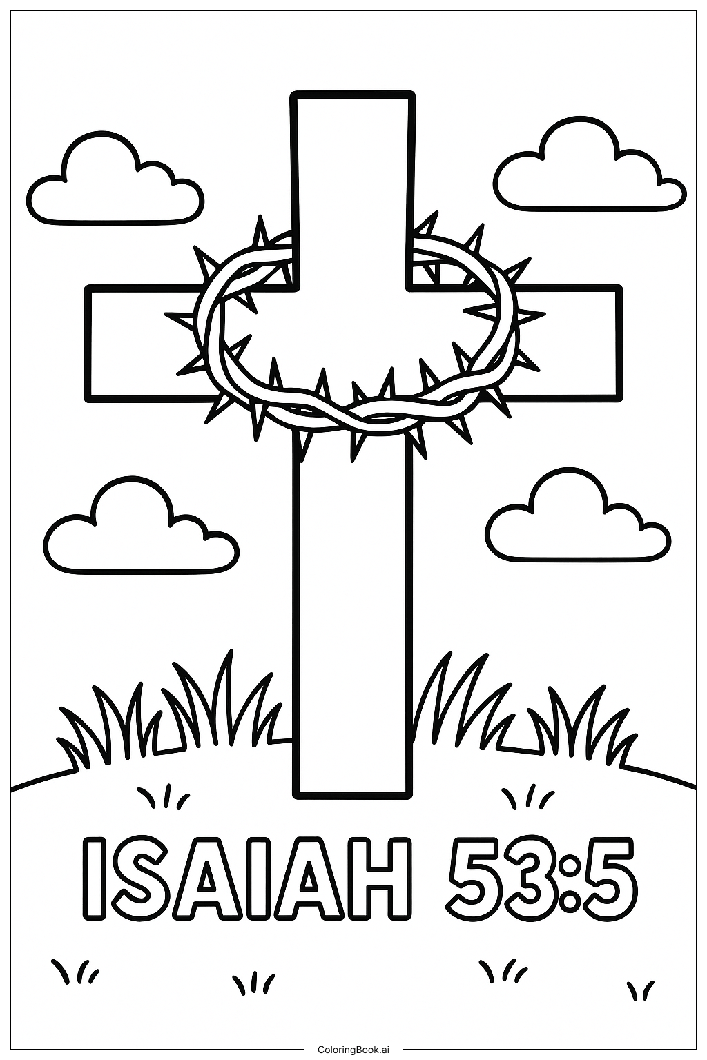  Page de coloriage Croix avec couronne d'épines et Ésaïe 53:5 