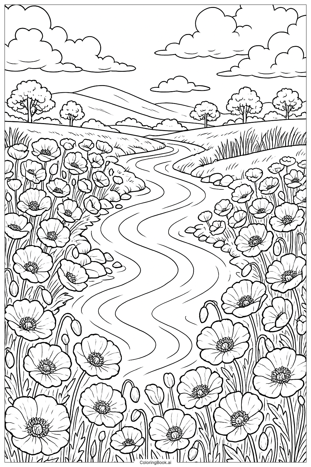  Trang tô màu Một Phong Cảnh Với Dòng Sông Và Bờ Hoa Anh Túc 